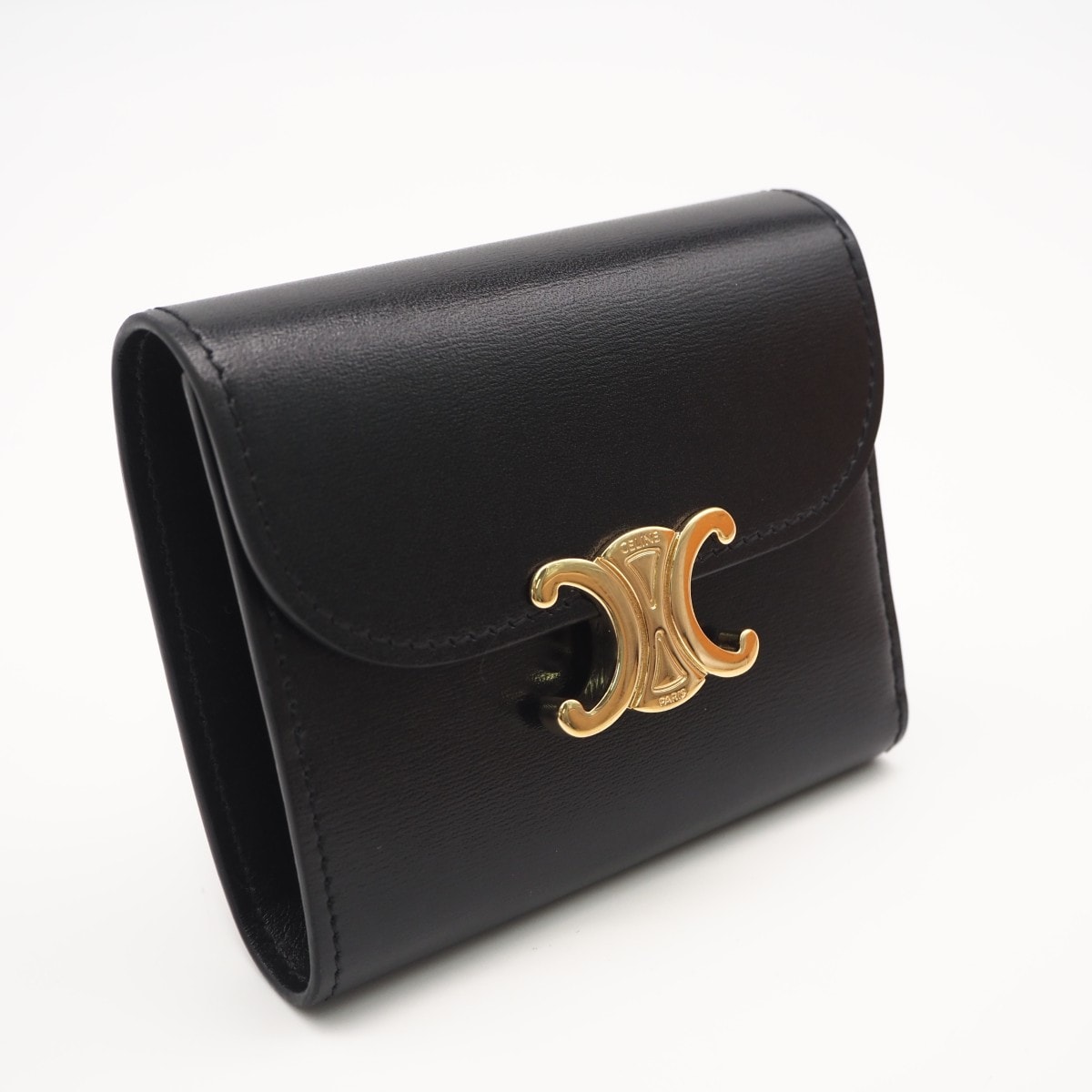 美品 CELINE セリーヌ トリオンフ スモール フラップウォレット 10D783 三つ折り財布 ブラック カーフレザー レディース
