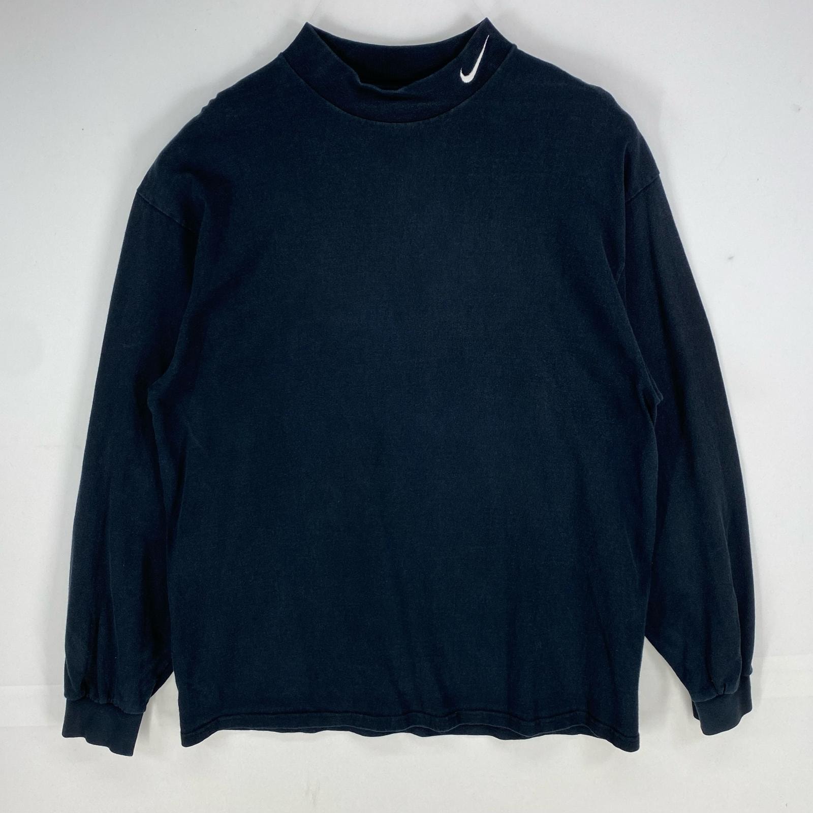 古着 90's/90年代 ナイキ NIKE 長袖Tシャツ モックネック 銀タグ ロングスリーブ ワンポイント L  ブラック系 メンズ