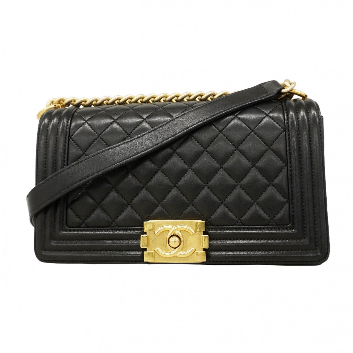 【6db1708-k】シャネル ショルダーバッグ ボーイシャネル チェーンショルダー ラムスキン ブラック ゴールド金具【中古】レディース