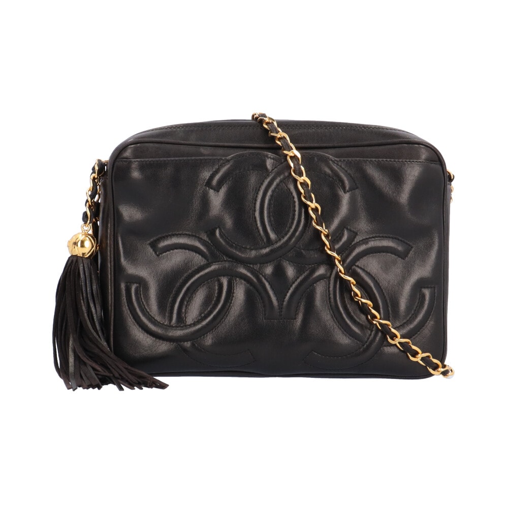 シャネル トリプルココマーク フリンジ  ショルダーバッグ ラムスキン ブラック レディース CHANEL  中古