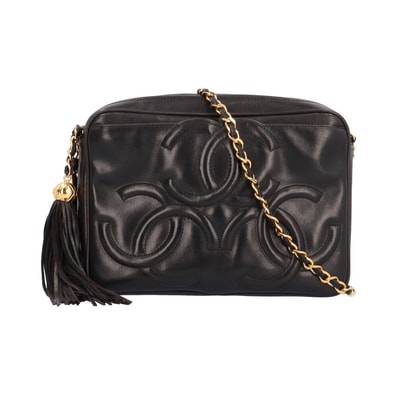 シャネル トリプルココマーク フリンジ ショルダーバッグ ラムスキン ブラック レディース CHANEL 中古