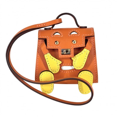HERMES エルメス キーホルダー ビジュードサック ケリードール バッグチャーム 革 U刻印 レザー オレンジ イエロー ゴールド金具 レディース 2022年【中古品】