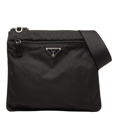 プラダ 三角ロゴプレート 斜め掛け ショルダーバッグ BT0420 ブラック ナイロン レザー レディース PRADA 【中古】