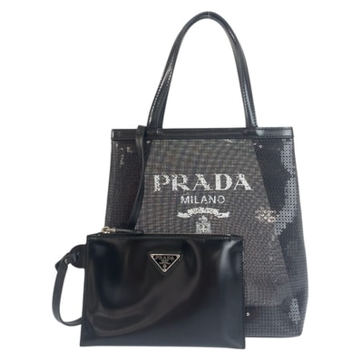 超美品 PRADA プラダ メッシュ 三角ロゴプレート ブラック 黒 シルバー金具 スパンコール レザー/ トートバッグ ハンドバッグ 506111 【中古】