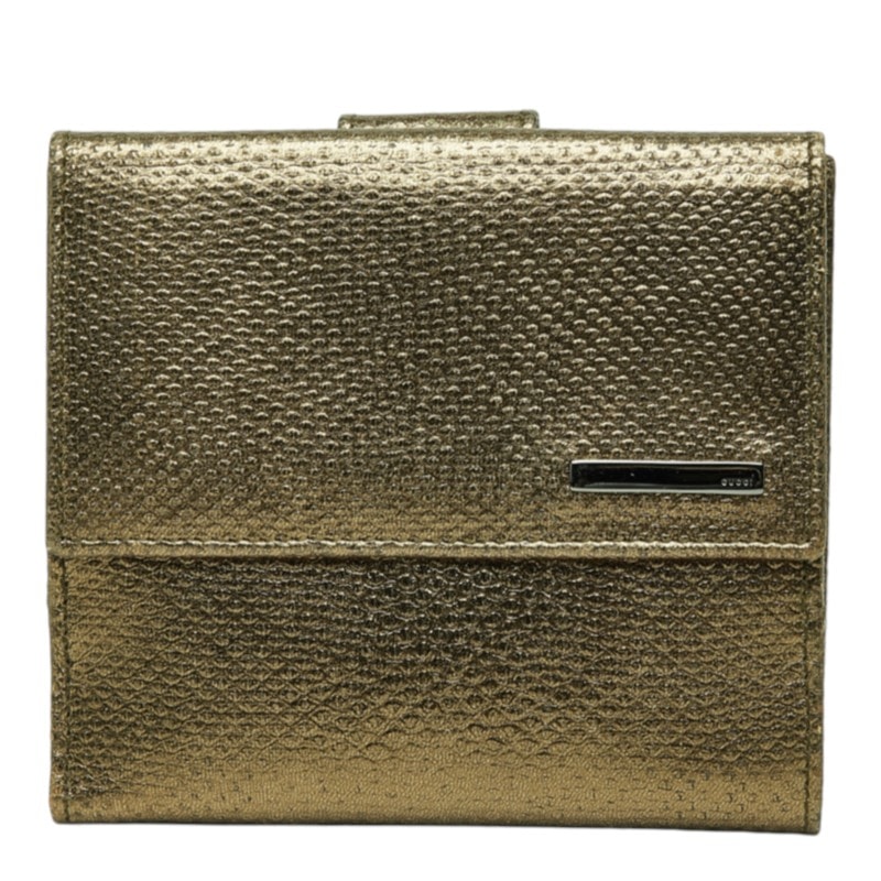 グッチ リザード調 Wホック ロゴプレート 三つ折り財布 ウォレット 035・2888 ゴールド レザー レディース GUCCI 中古