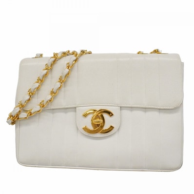 ★SALE【6ce6081-k】シャネル ショルダーバッグ マドモアゼル Wチェーン キャビアスキン ホワイト ゴールド金具【中古】レディース