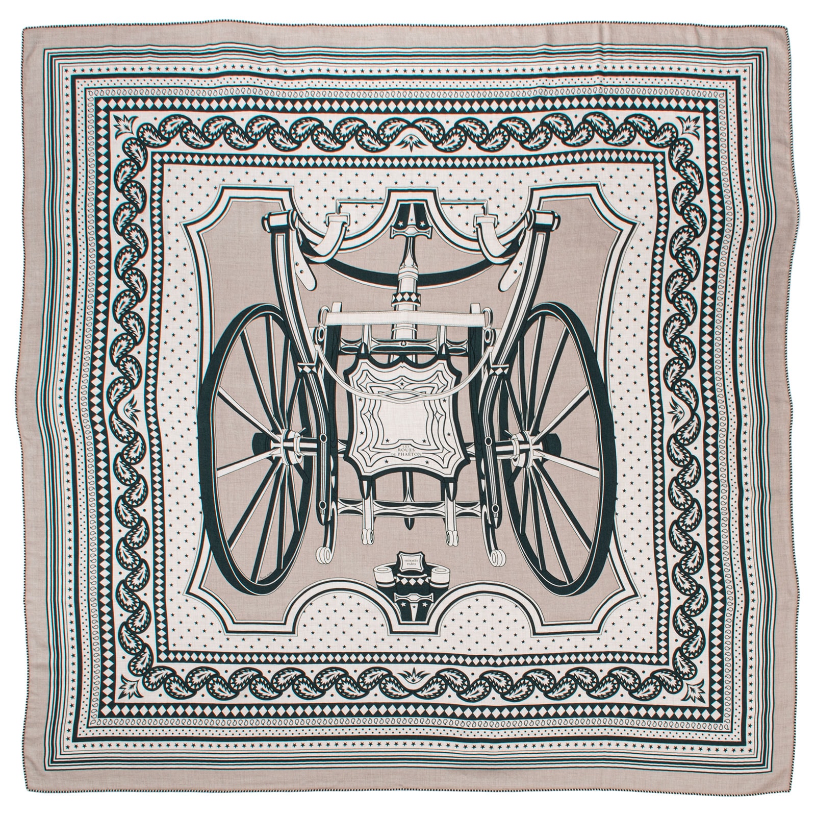 HERMES エルメス スカーフ カレ140 カレジェアン Les Roues de Phaeton Bandana 四輪馬車の車輪 バンダナ 244170S 05 カシシル ストール ショール カシミヤ・シルク グリーン ベージュ【中古】