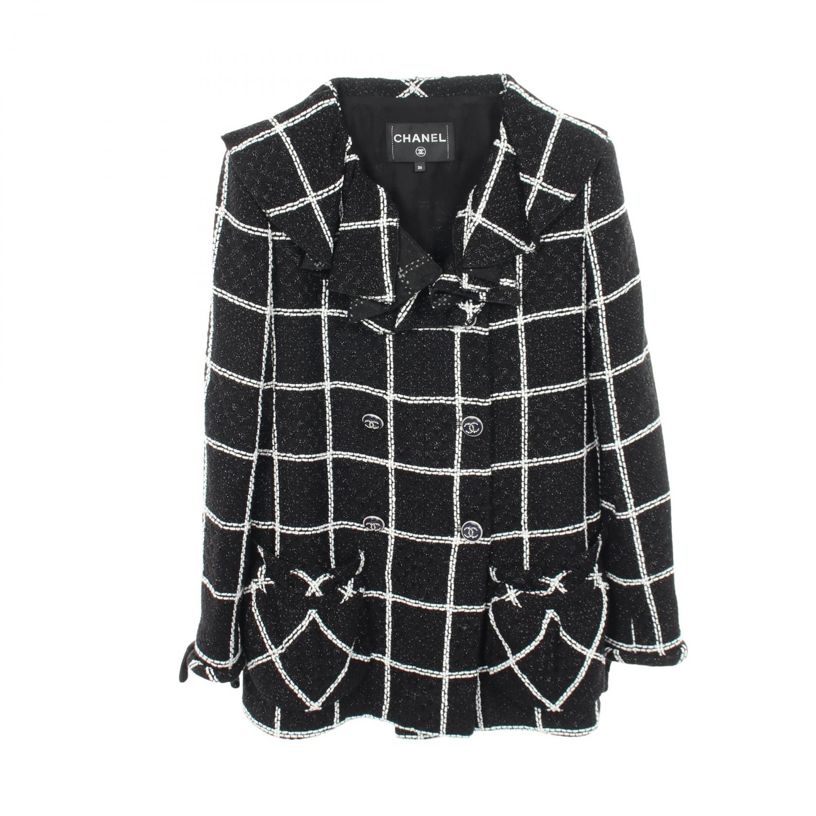 シャネル CHANEL 23FW ココマークボタン フリル ツイード 衣料品 アウター ビスコース / ポリエステル レディース ブラック系 / ホワイト系 P64023V49039 【中古】