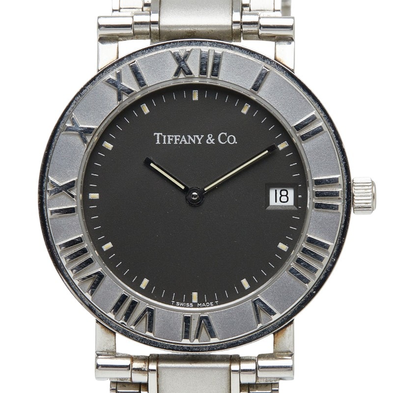 ティファニー アトラス 腕時計 クオーツ ブラック文字盤 ステンレススチール レディース TIFFANY&Co. 【中古】