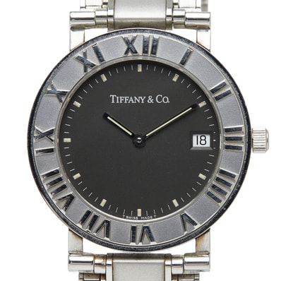 ティファニー アトラス 腕時計 クオーツ ブラック文字盤 ステンレススチール レディース TIFFANY&Co. 【中古】