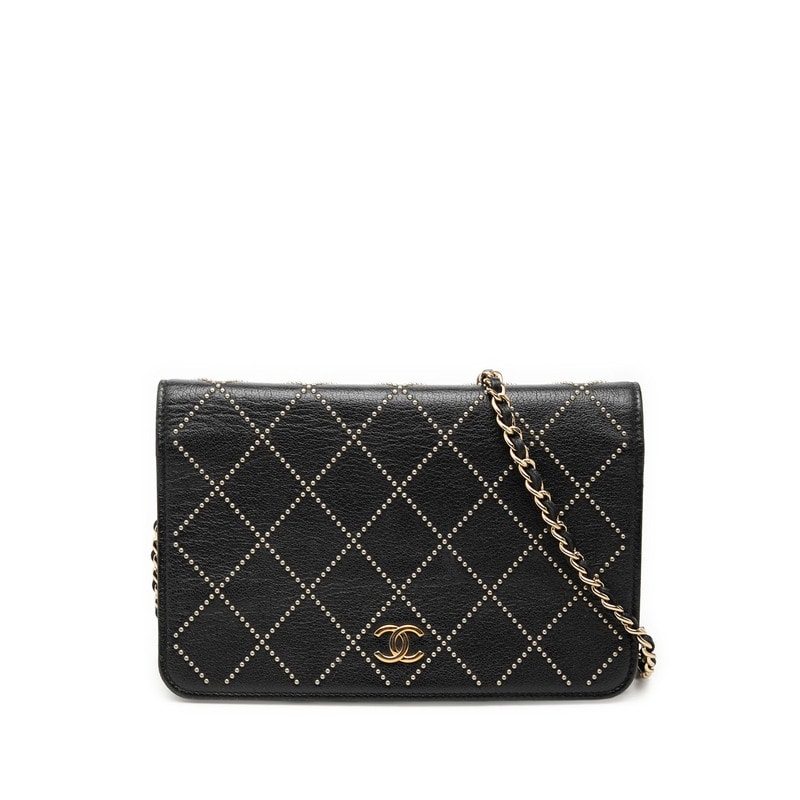 シャネル ココマーク スタッズ チェーンウオレット ショルダーバッグ ブラック カーフスキン レディース CHANEL 【中古】