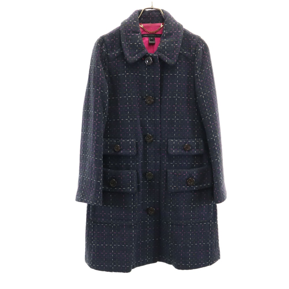 MARC BY MARC JACOBS マークバイマークジェイコブス チェック柄 ヘリンボーン 圧縮ウール ステンカラーコート S ネイビー