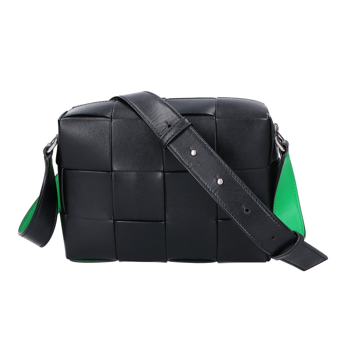 ボッテガヴェネタ ブラック×グリーン レザー イントレチャート cassette camera bag/カセットカメラバッグ -