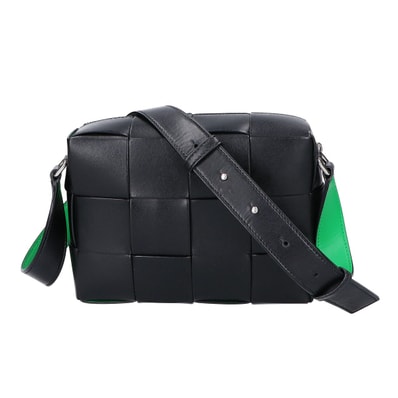 ボッテガヴェネタ ブラック×グリーン レザー イントレチャート cassette camera bag/カセットカメラバッグ -