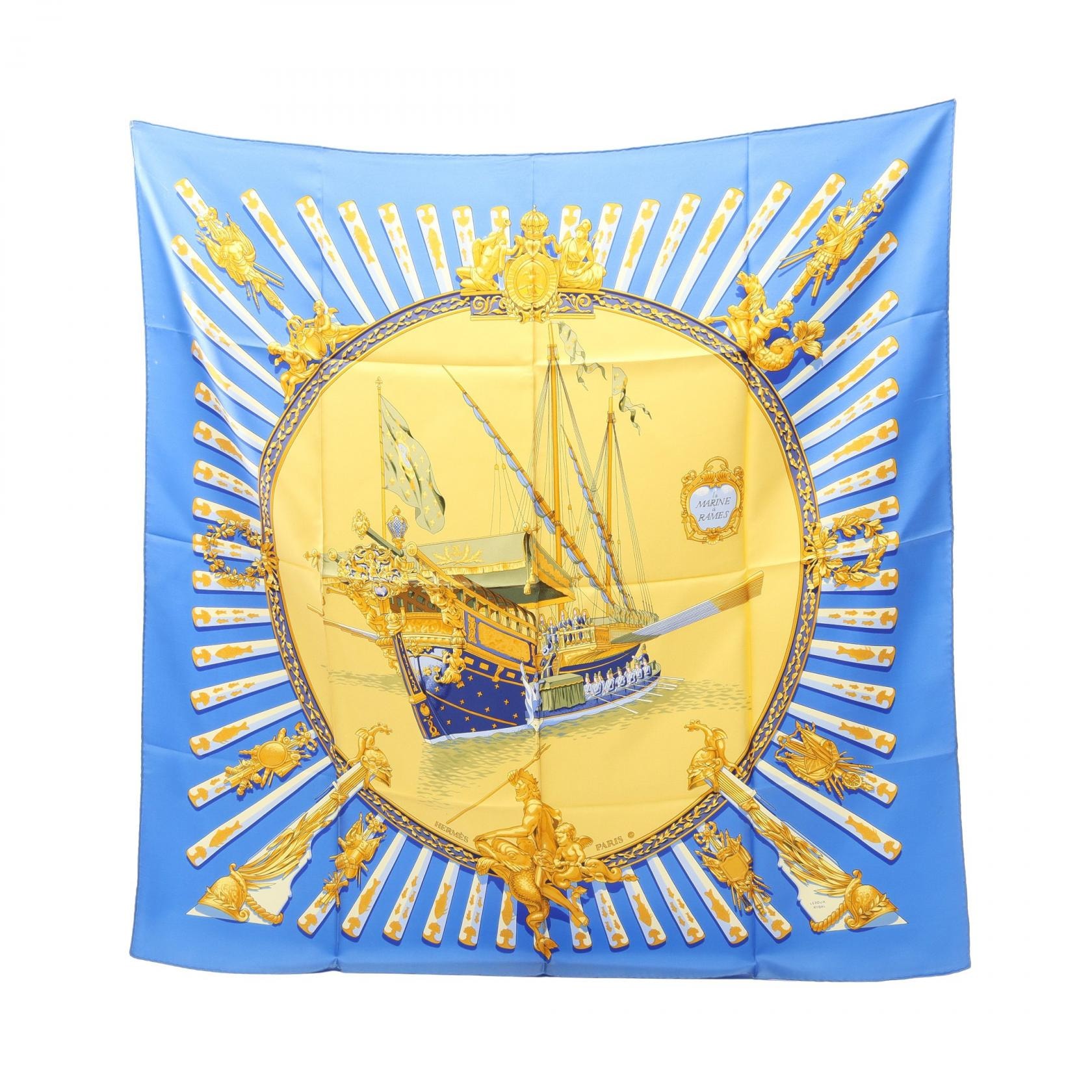 エルメス HERMES カレ90 La MARINE a RAMES スカーフ 衣料品 シルク シルク レディース ブルー系 / イエロー系 / マルチカラー 【中古】