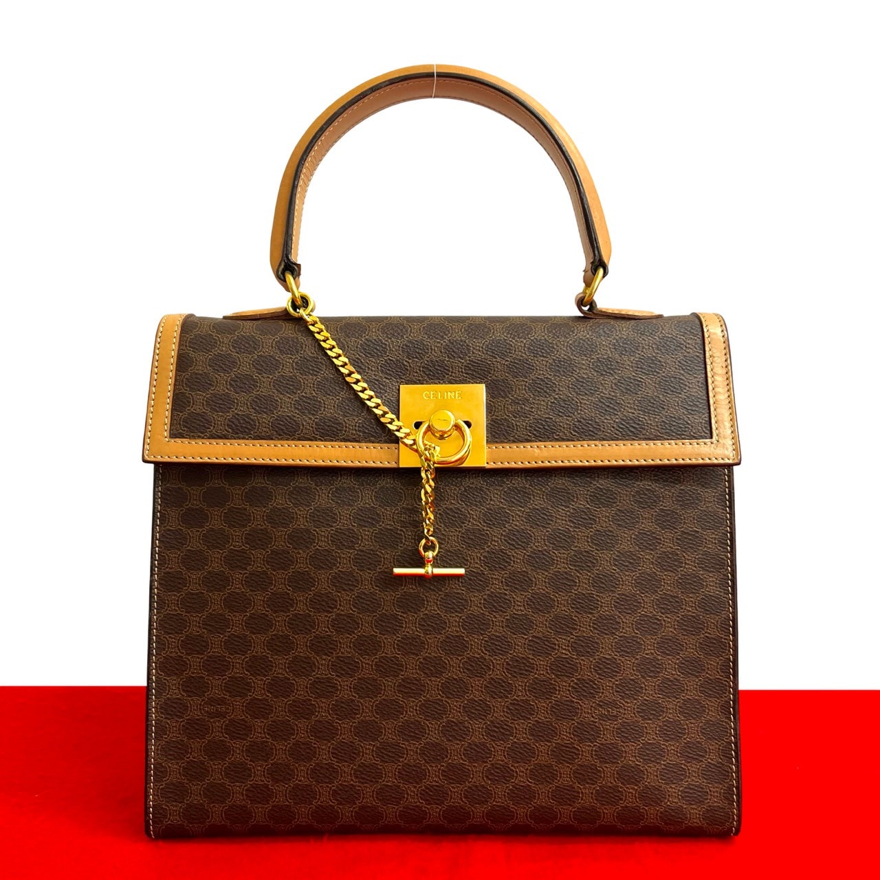 CELINE セリーヌ マカダム ブラゾン トリオンフ ロゴ リング金具 レザー PVC ハンドバッグ ブラウン
 30202