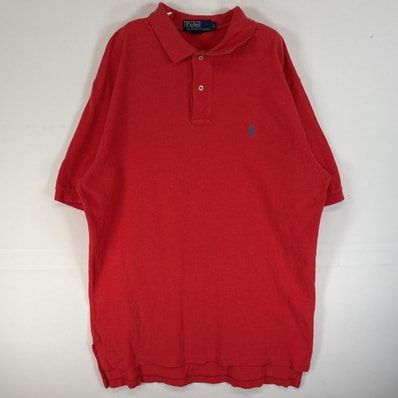 古着 90's/90年代 ポロバイラルフローレン Polo by Ralph Lauren 鹿の子 半袖 ポロシャツ ロゴ 刺繍 2ボタン L レッド 無地 メンズ