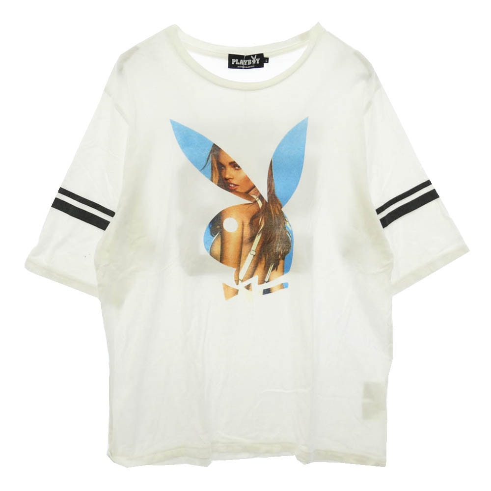 HYSTERIC GLAMOUR ヒステリックグラマー PLAYBOY プレイボーイ 19AW 12193CT01 × PLAYBOY MISS YOLI LARA プレイボーイ グラフィック プリント コットン 五分袖 Tシャツ ホワイト系 L【中古】