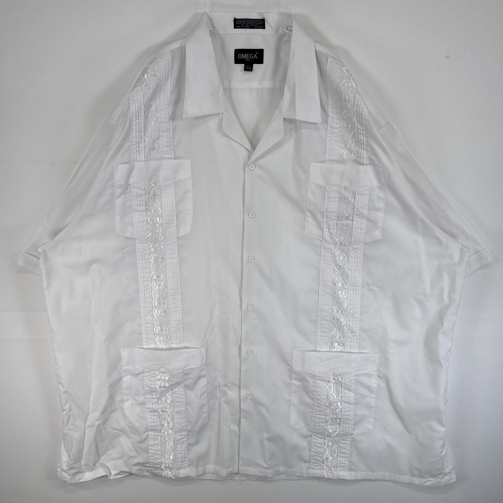 古着 オメガ OMEGA 半袖シャツ キューバ 4つポケ 刺繍デザイン 大きいサイズ 4XL  ホワイト 総柄 メンズ