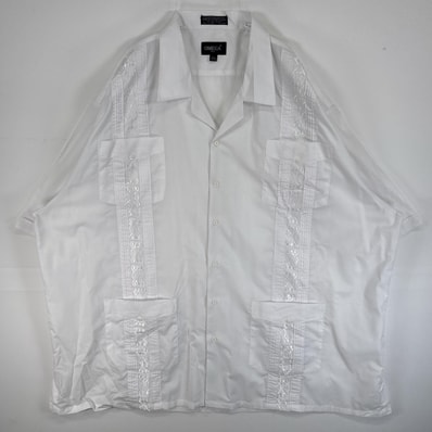 古着 オメガ OMEGA 半袖シャツ キューバ 4つポケ 刺繍デザイン 大きいサイズ 4XL ホワイト 総柄 メンズ