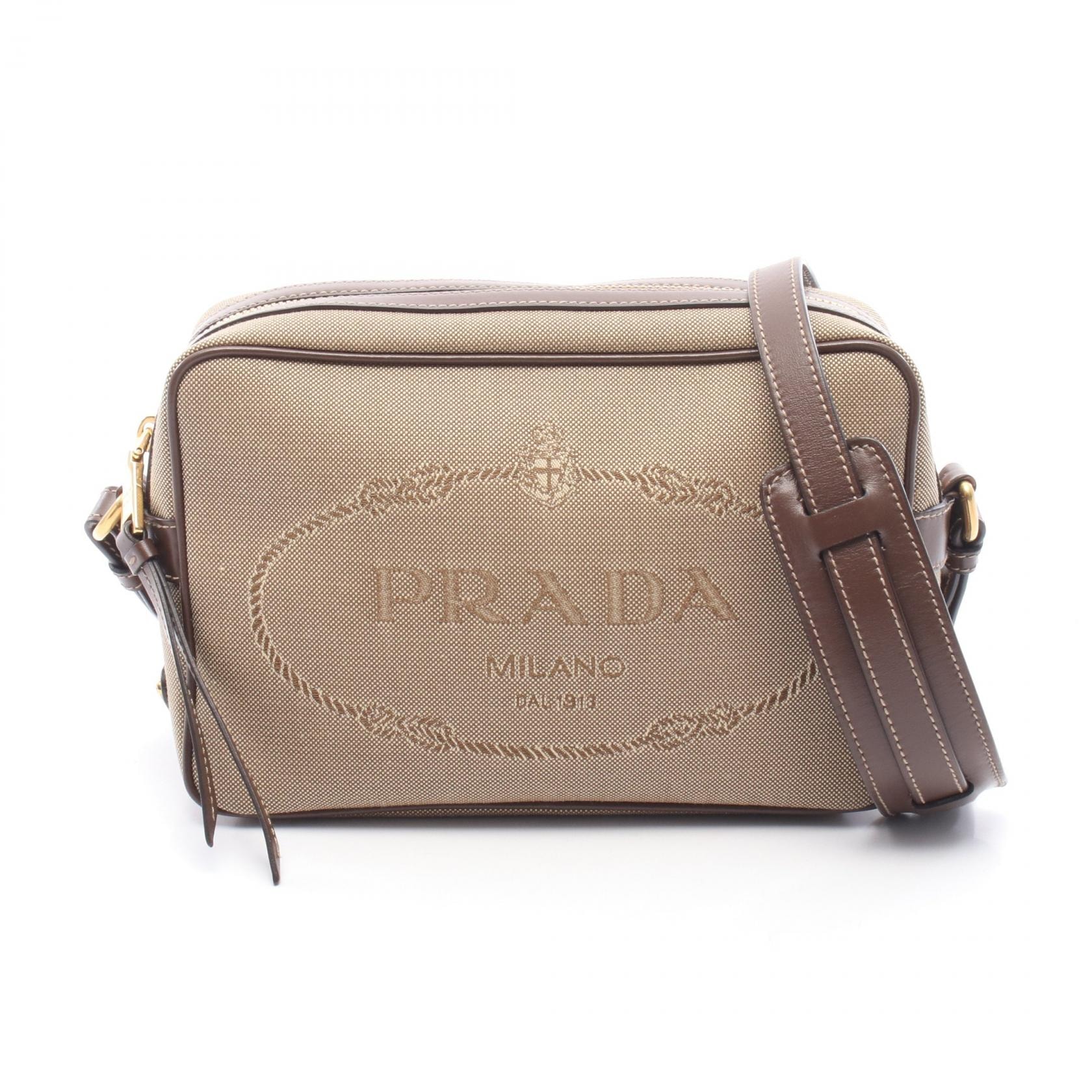 プラダ PRADA LOGO JACQUARD ショルダーバッグ バッグ キャンバス レザー レディース グレー系 / ブラウン系 1BH089 【中古】