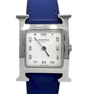 HERMES エルメス 腕時計 Hウォッチ ホワイト文字盤 H WATCH 革ベルト 電池式 HH1.201 クオーツ レザー ステンレススチール ブルー 青 シルバー レディース 美品 2016年【中古品】