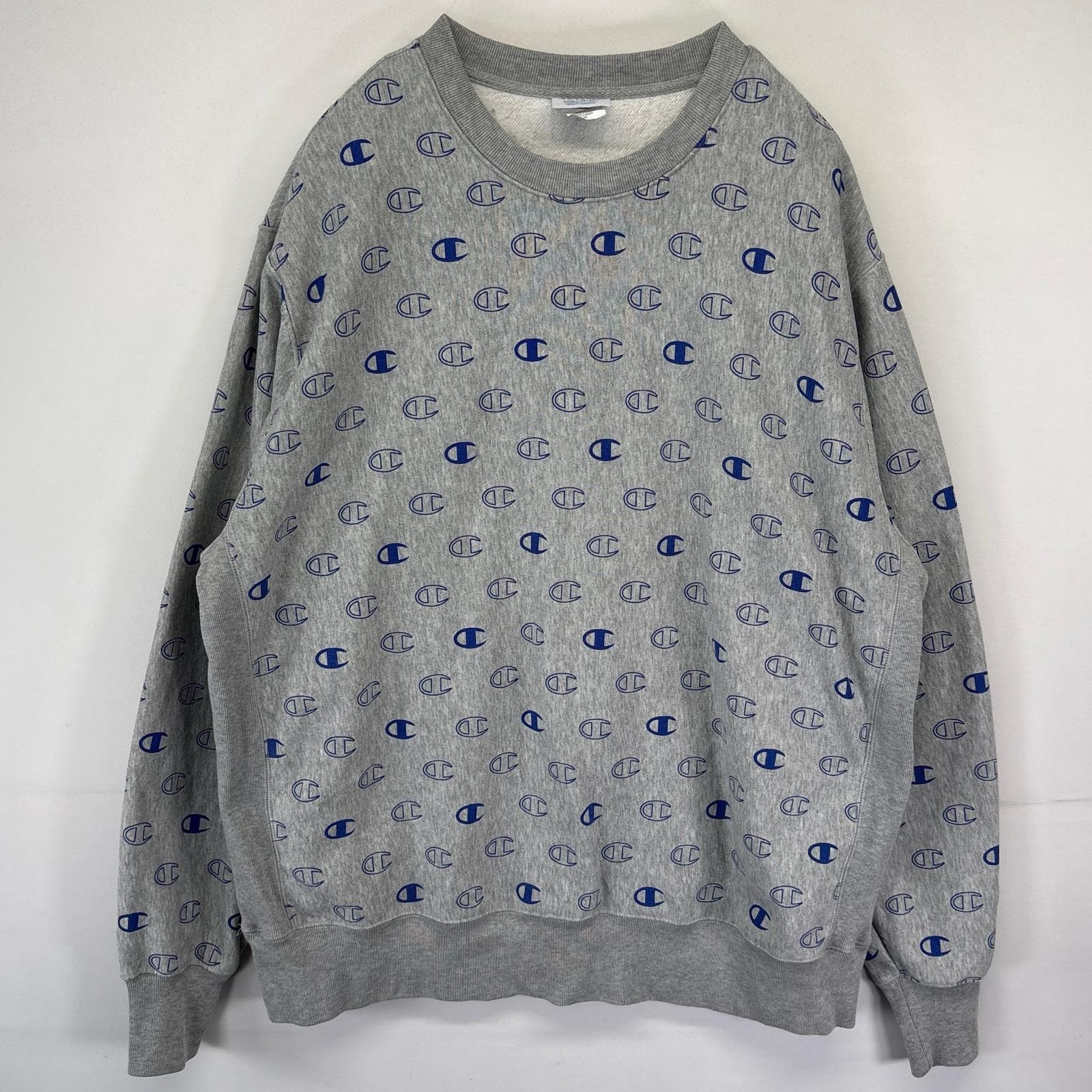 古着 チャンピオン Champion スウェット リバースウィーブ トレーナー 大きいサイズ 総柄 ロゴプリント 2XL  グレー メンズ