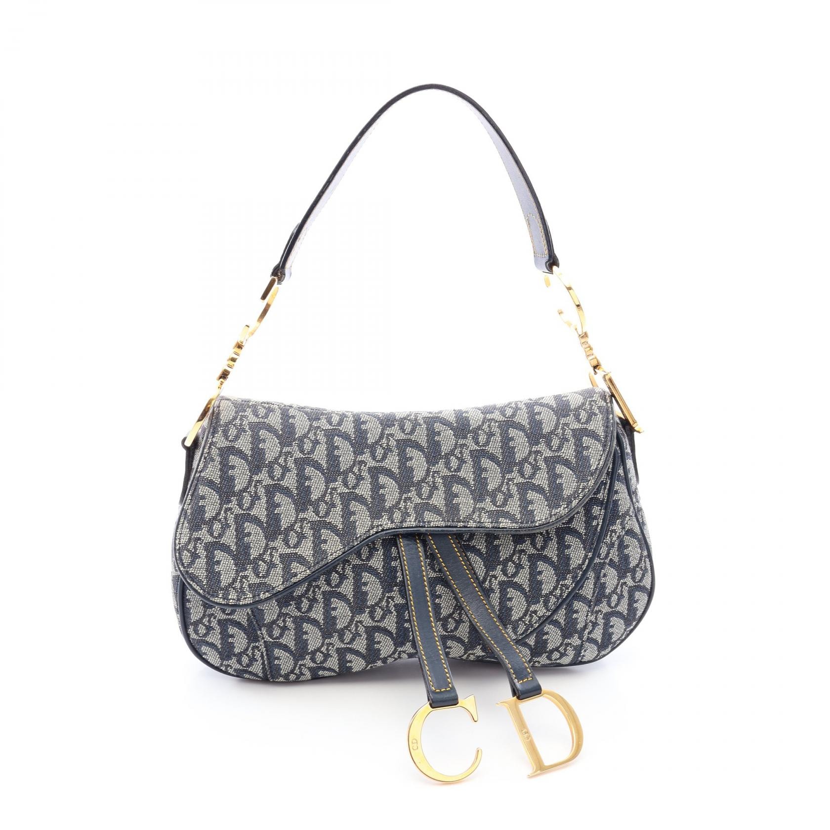 ディオール Dior ダブルサドルバッグ トロッター ショルダーバッグ バッグ キャンバス レザー レディース ネイビー系 【中古】