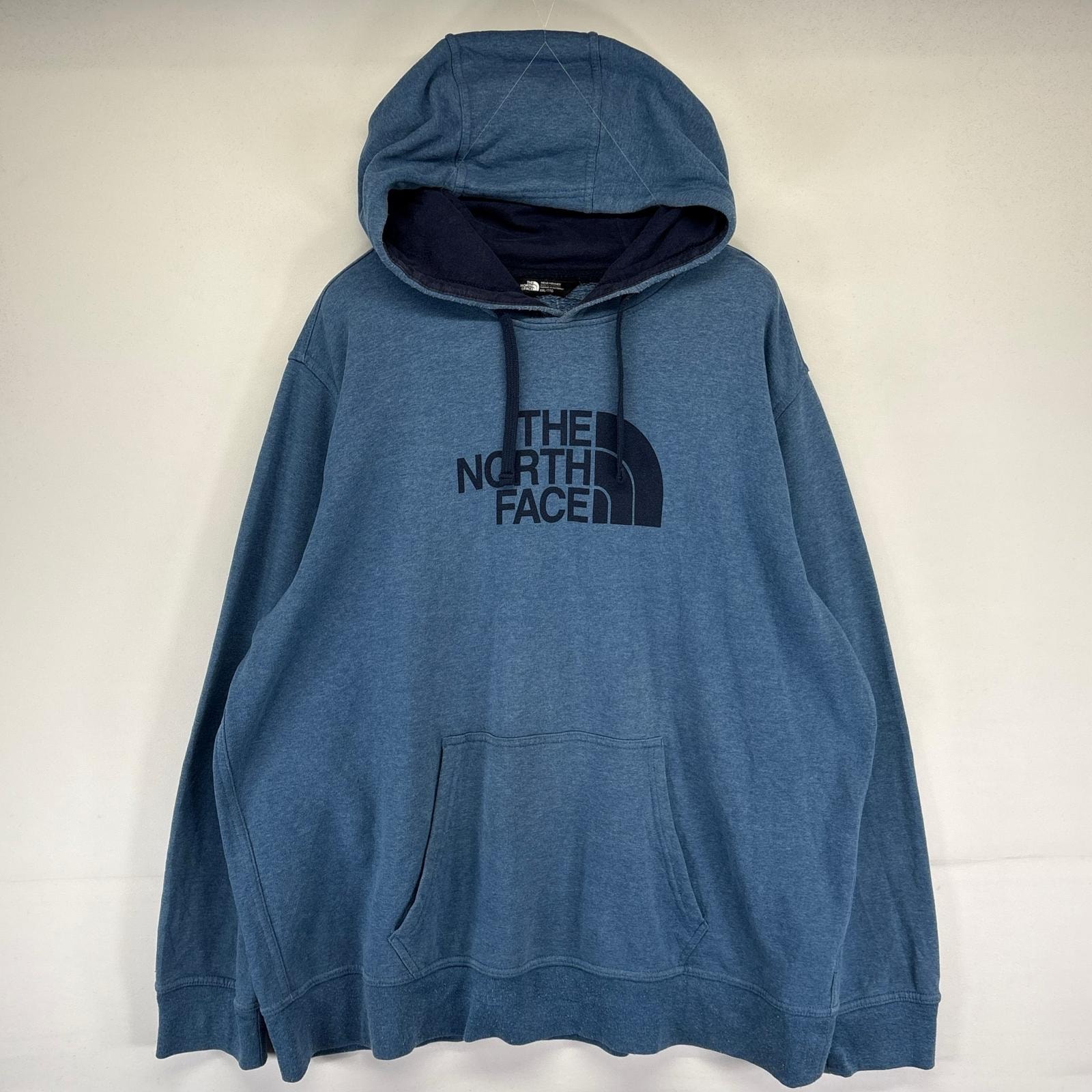 古着 ザ・ノースフェイス THE NORTH FACE パーカー プルオーバー ビッグプリントロゴ スウェット 大きいサイズ 2XL ブルー系 メンズ