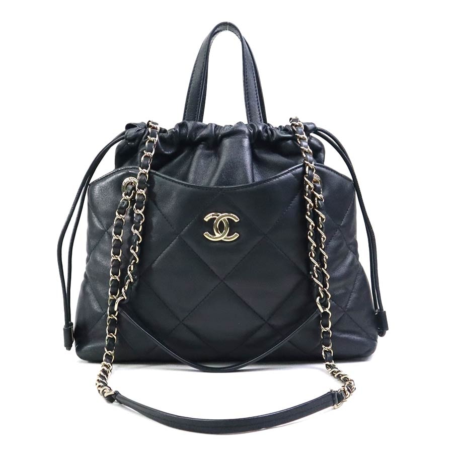 シャネル CHANEL ハンドバッグ ショルダーバッグ レザー ブラック ゴールド レディース【中古】 e61541j