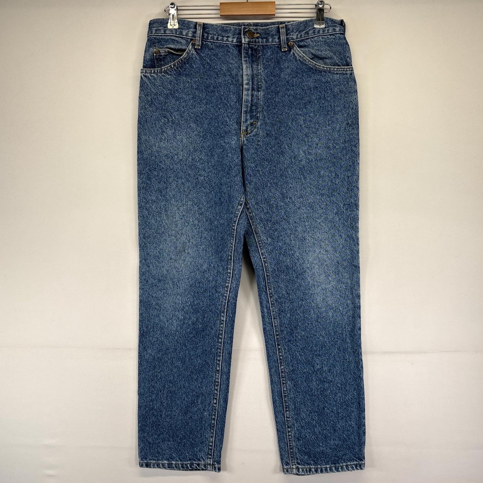 古着 90's/90年代 リー Lee USA製 デニム パンツ テーパード ケミカルウォッシュ レザーパッチ ジーパン w34 L30  ブルー系 メンズ