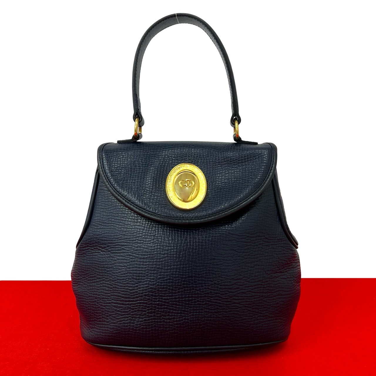 Christian Dior ディオール CD ロゴ 金具 レザー ハンドバッグ ネイビー
 26819