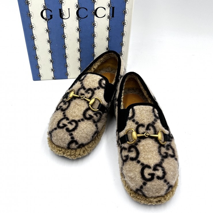 グッチ ホースビット ムートン ローファー スリッポン SIZE 36 1/2 B (目立った傷や汚れなし)】GUCCI（グッチ）GGウール ホースビット