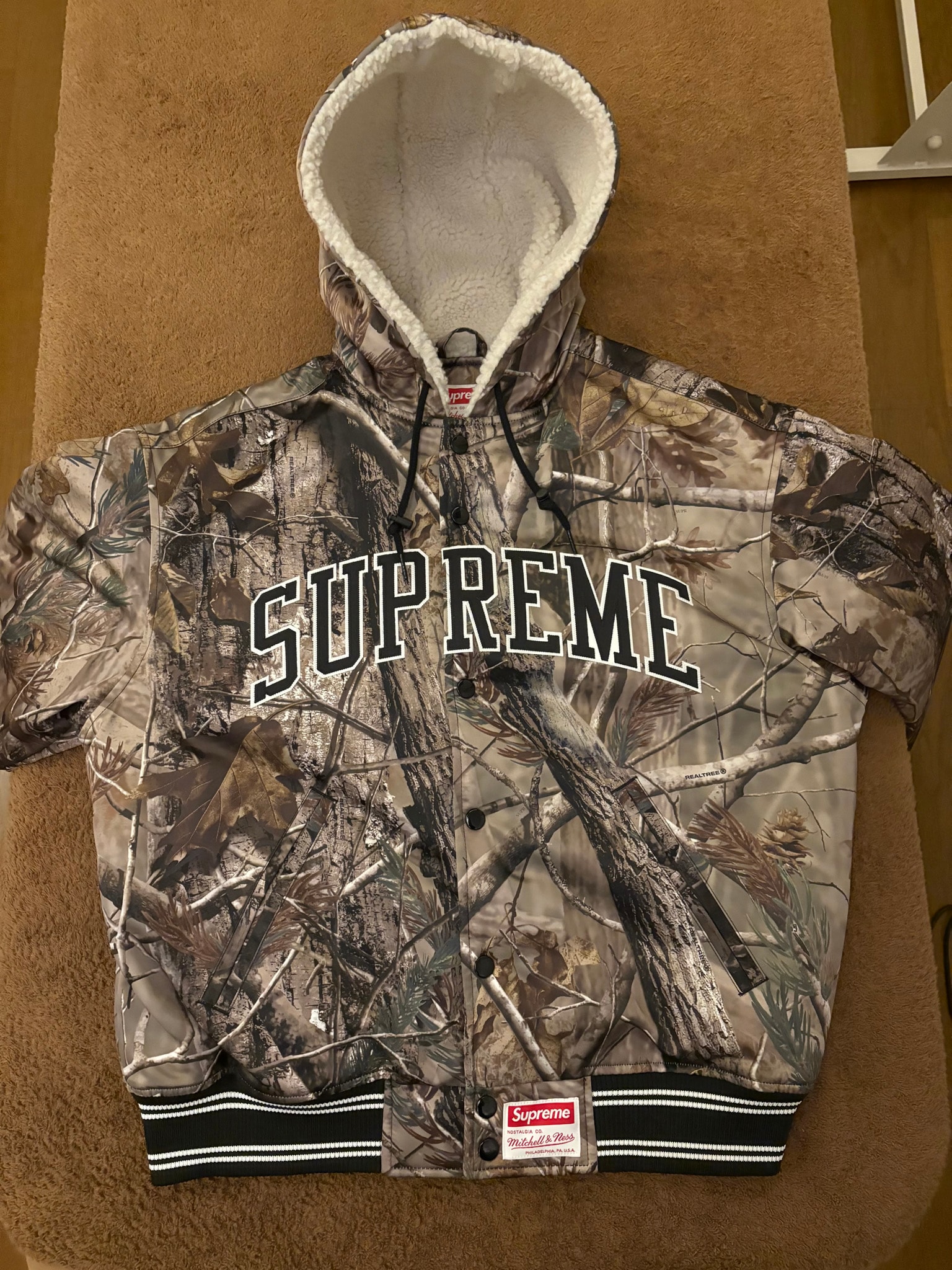 Supreme x Mitchell & Ness Lined Hooded Satin Varsity Jacket "Realtree AP Camo"