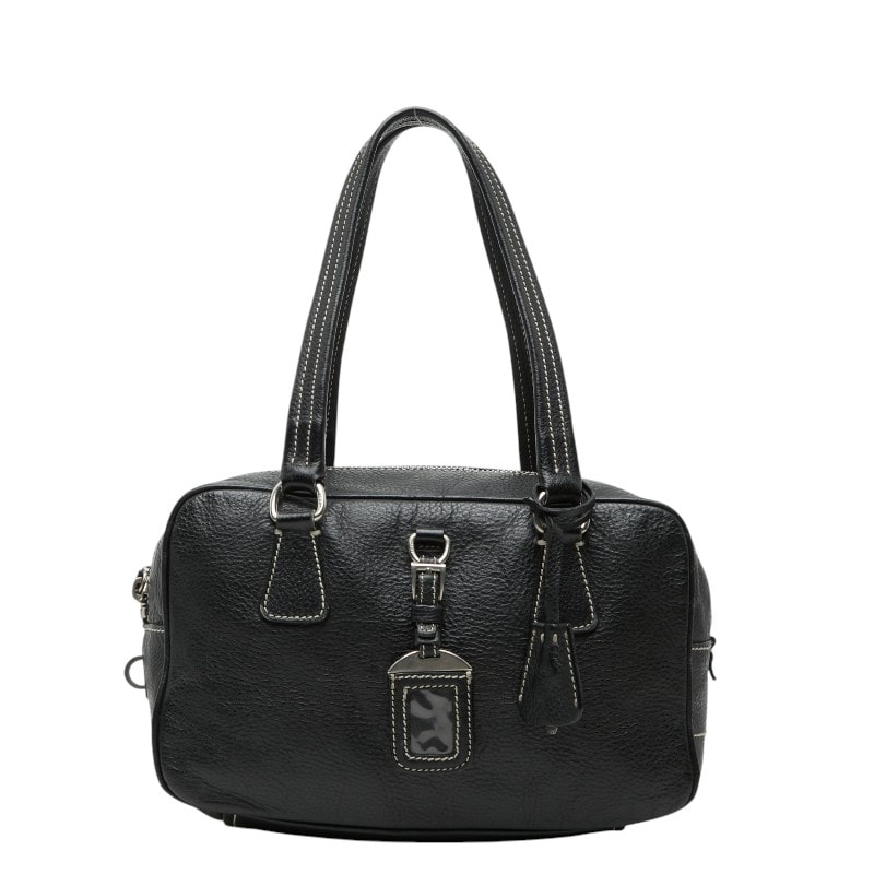 プラダ ロゴ ハンドバッグ ボストンバッグ ブラック レザー レディース PRADA 【中古】