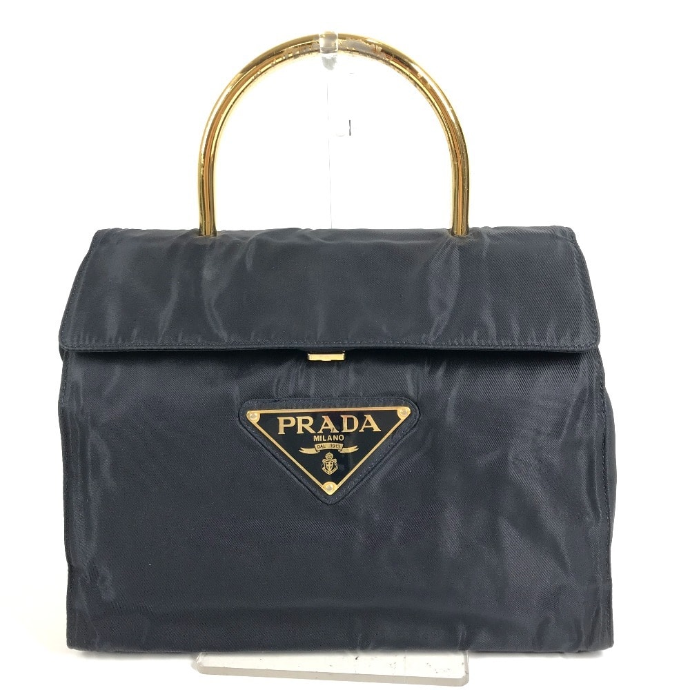 プラダ PRADA トライアングルロゴ 三角ロゴ プレート ビッグロゴ カバン メタルハンドル トートバッグ フラップ ハンドバッグ ナイロン ネイビー