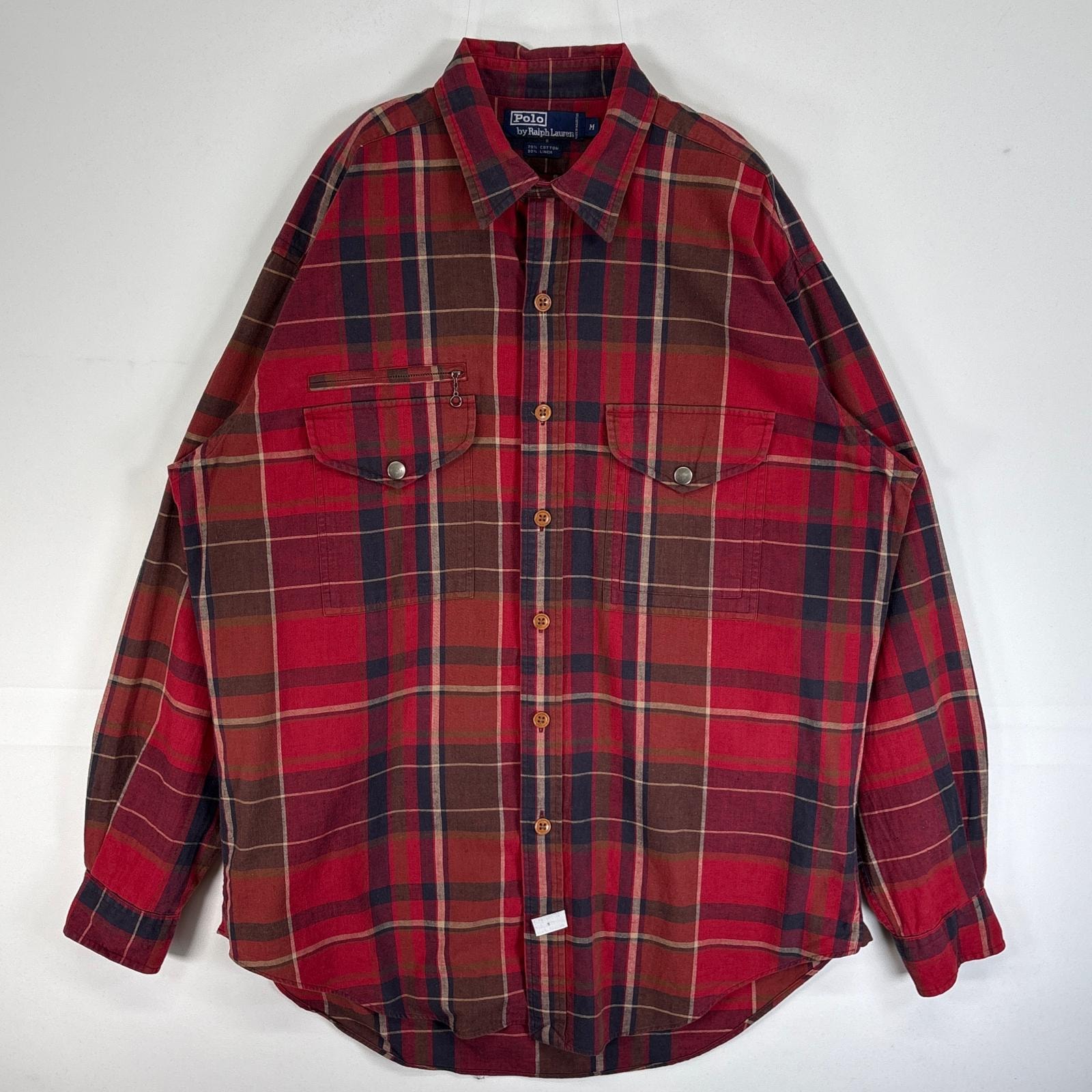 古着 90's/90年代 ポロバイラルフローレン Polo by Ralph Lauren 長袖シャツ リネン フラップポケ チンスト M  レッド系 マルチカラー メンズ