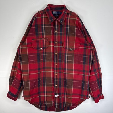 古着 90's/90年代 ポロバイラルフローレン Polo by Ralph Lauren 長袖シャツ リネン フラップポケ チンスト M レッド系 マルチカラー メンズ