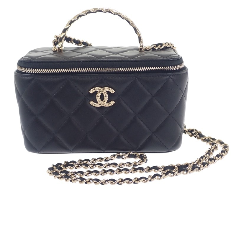 シャネル CHANEL トップハンドル ロング ヴァニティケース 2WAYバッグ ハンドバッグ  ショルダーバッグ ラムスキン ブラック ゴールド金具 レディース【中古】【ABランク】