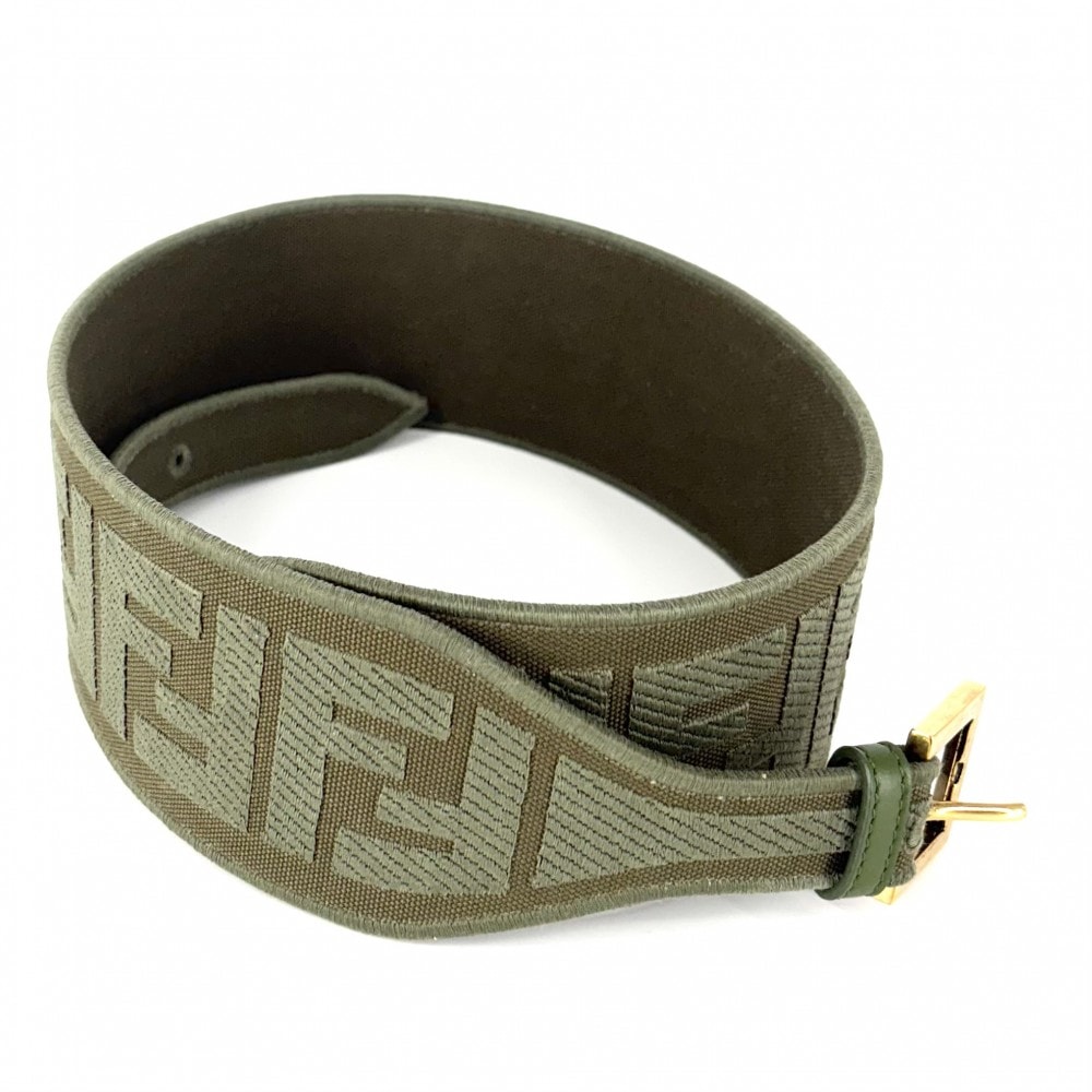 FENDI フェンディ ベルト FFロゴ ファッションアイテム 太め 小物 85/34サイズ キャンバス カーキ アンティークゴールド金具 レディース 美品【中古品】