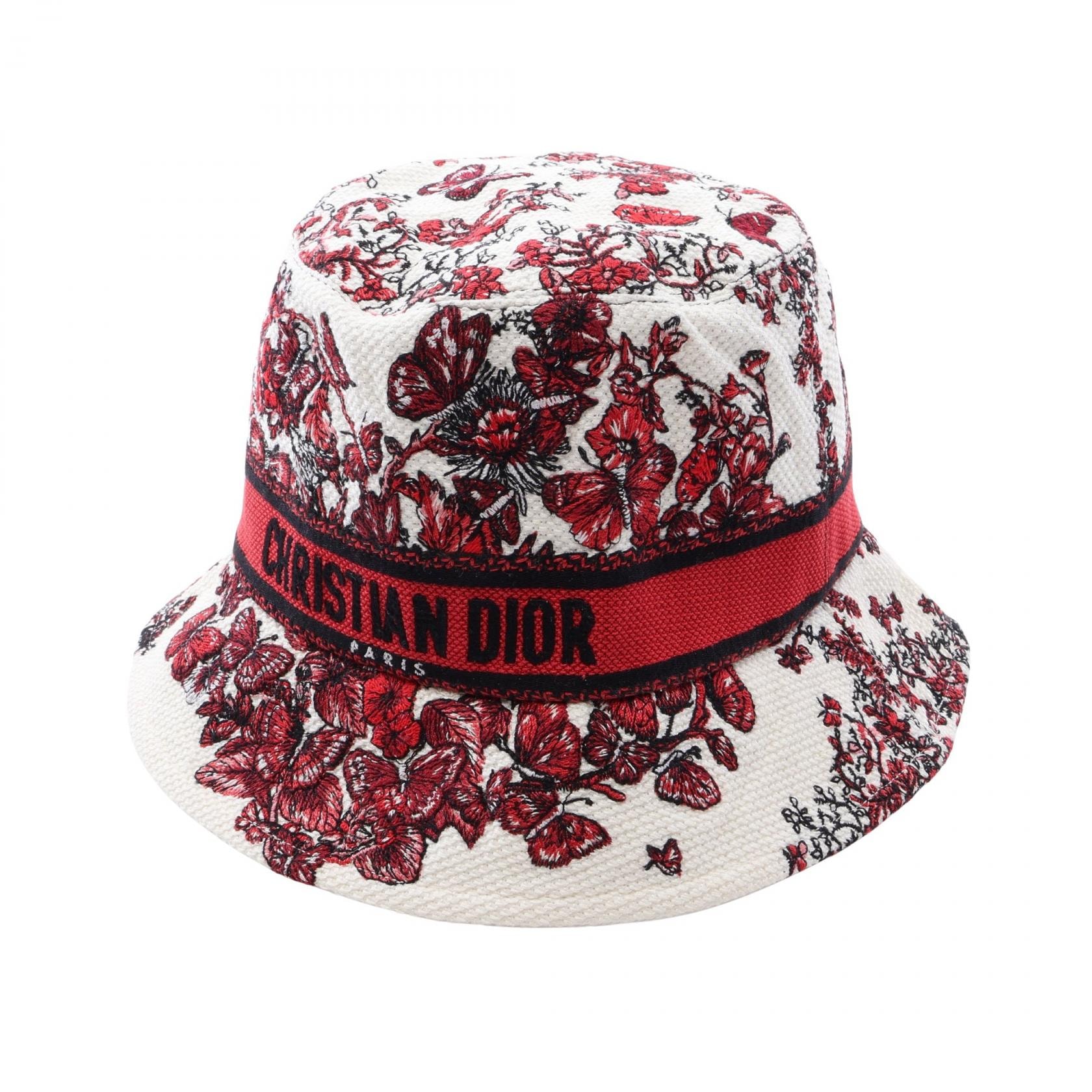 ディオール Dior D-Bobby バタフライ バケット ハット 帽子 コットン レディース ホワイト系 / レッド系 / ブラック系 【中古】