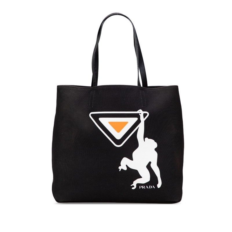 プラダ モンキー トートバッグ ブラック ホワイト オレンジ キャンバス レザー レディース PRADA 【中古】