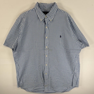 古着 ラルフローレン RALPH LAUREN 半袖シャツ ワンポイント ロゴ 刺繍 ボタンダウンシャツ 大きいサイズ XL ブルー系 チェック メンズ