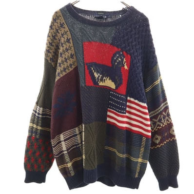 NAUTICA ノーティカ 90s オールド ハンドニット 総柄 長袖 セーター L ネイビー ニット