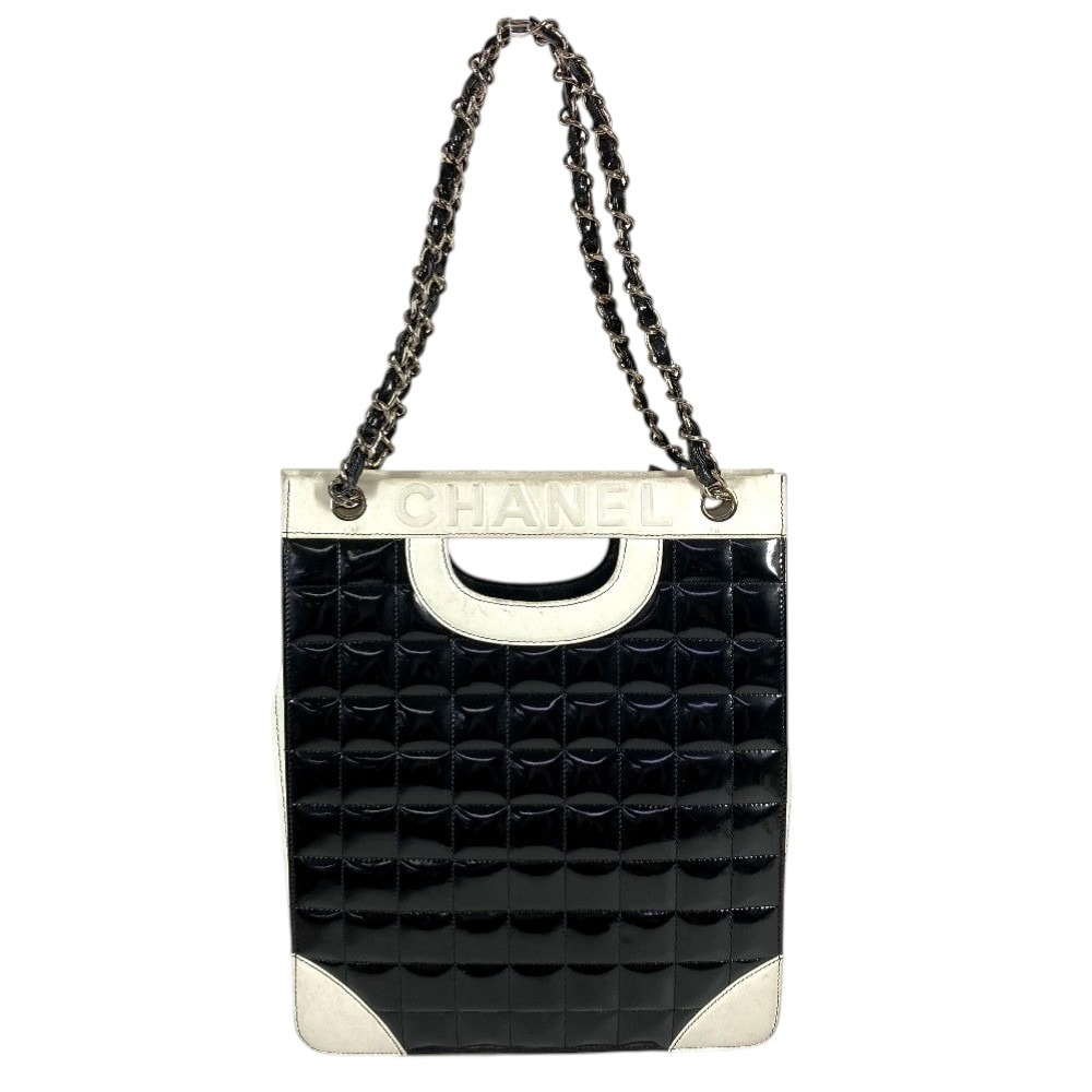 シャネル CHANEL ロゴ チョコバー  バイカラー トートバッグ カバン 肩掛け Wチェーンバッグ ショルダーバッグ エナメル/レザー ブラック