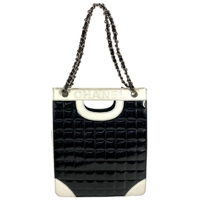 シャネル CHANEL ロゴ チョコバー バイカラー トートバッグ カバン 肩掛け Wチェーンバッグ ショルダーバッグ エナメル/レザー ブラック