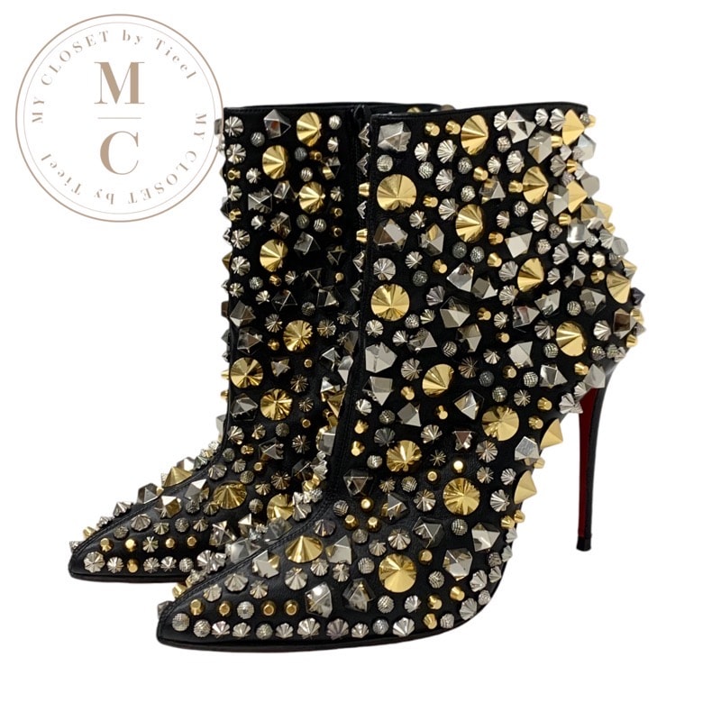 クリスチャンルブタン Christian Louboutin ブーツ ショートブーツ 靴 シューズ レザー ブラック 黒 ゴールド シルバー スタッズ