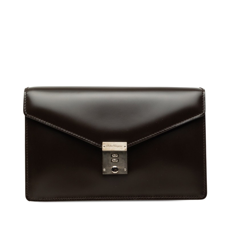 サルヴァトーレフェラガモ ダイヤルロック セカンドバッグ EP-24 1001 ダークブラウン レザー メンズ Salvatore Ferragamo 【中古】
