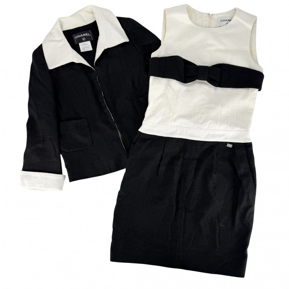 CHANEL シャネル セットアップ ツイード バイカラー ジャケット ノースリーブワンピース アパレル 服 38 ブラック 黒 ホワイト 白 シルバー金具 リネン コットン ウール ナイロン レディース 春 秋【中古品】