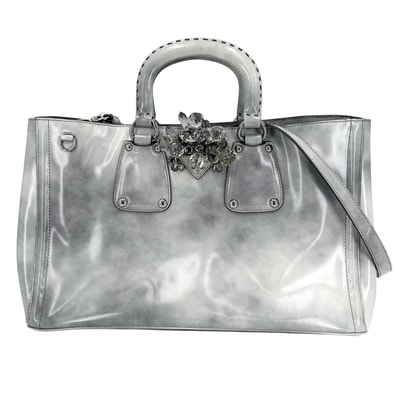 PRADA プラダ 2WAY スパッツォラート トライアングルロゴ レザー グレー シルバー金具 レディース【中古品】